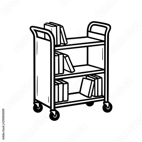 Black and white line art book cart with wheels.