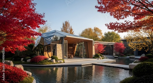 Autumn garden design with stone displays.