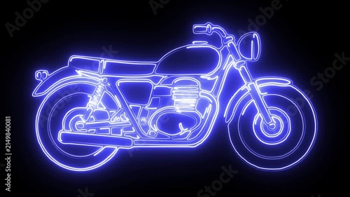 Motorbike symbol with glowing blue neon light path effect on plain black background