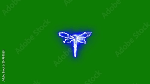 Fluttering dragonfly symbol with blue lightning energy sparks effect on green screen background