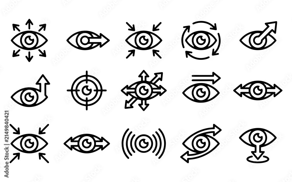 Fototapeta premium Set of black and white line icons representing various movements and actions of the human eye