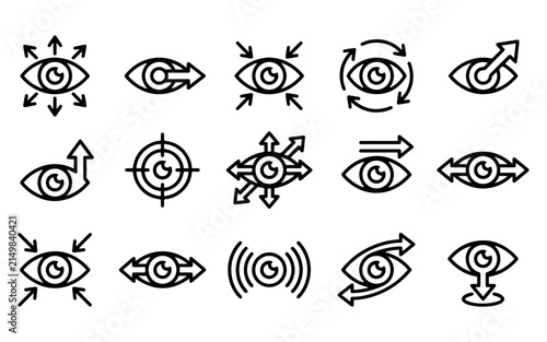 Set of black and white line icons representing various movements and actions of the human eye