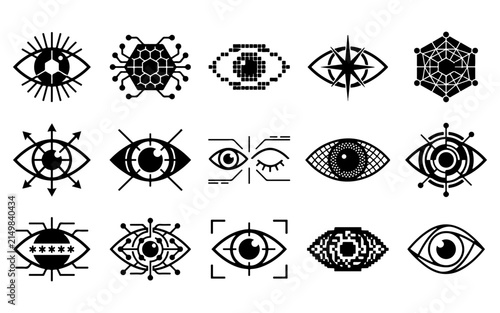 A collection of black and white icons representing the human eye with futuristic digital and technological design elements