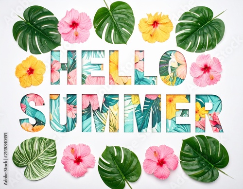 Hello Summer text with pink and yellow flowers and green leaves on white background