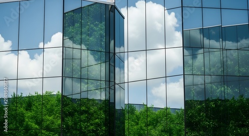 Modern glass towers with vibrant landscape.