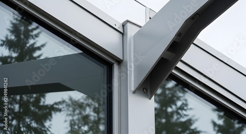 Metallic beam junction on a glass building.