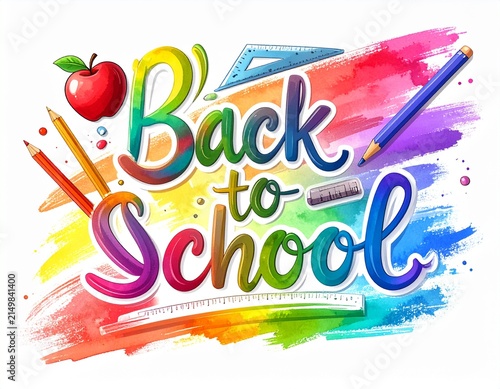 Vibrant 'Back to School' illustration with apple, pencils, ruler, and colorful brush stroke background