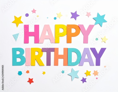 Colorful 'HAPPY BIRTHDAY' text with star decorations on white background for celebration