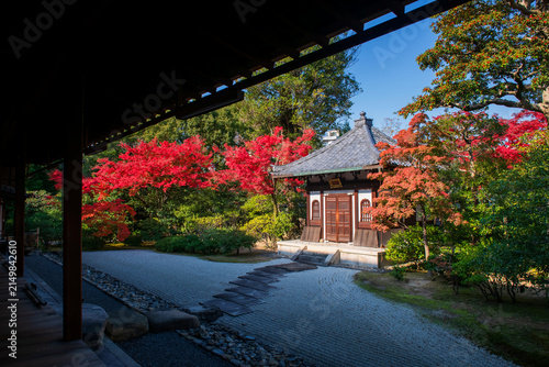 Kennin-ji stone garden and shrine by autumn leaves, Kyoto