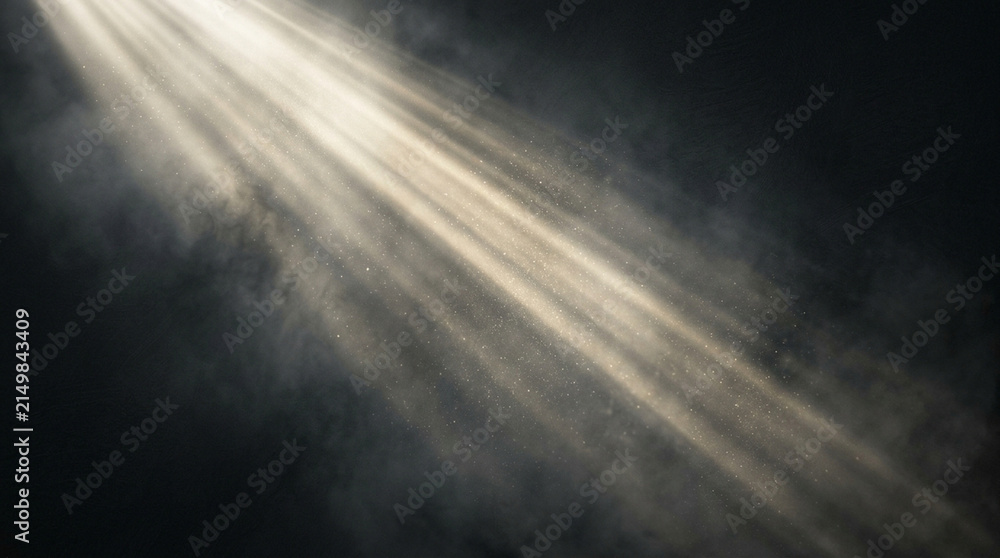 Fototapeta premium Cinematic sun rays through smoke, dramatic light beams on black background, ethereal volumetric lighting for overlay effects