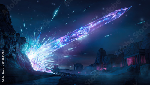 Epic fantasy landscape of a giant glowing magic crystal meteor crashing into ancient temple ruins under a starry night sky