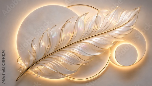 Elegant 3D wall art featuring a large, iridescent white feather with gold trim layered over glowing circular backlit panels.