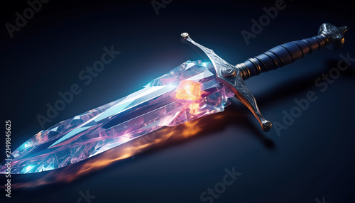 Magical glowing crystal sword with an intricate metal hilt, epic fantasy weapon with blue and orange light on a dark background