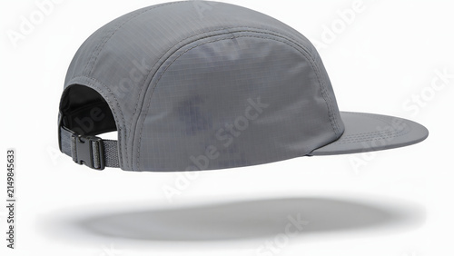 A grey five panel cap isolated on a white background.