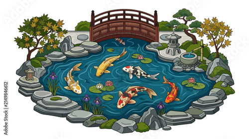 Bild auf Leinwand Japanese Zen Garden Koi Pond Illustration