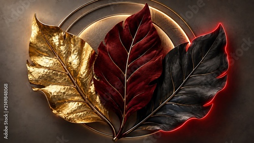 Striking 3D wall art featuring three sculpted leaves in metallic gold, velvet burgundy, and matte black with a glowing red edge.