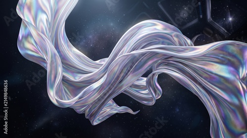 Abstract Iridescent Holographic Fabric Flowing in Outer Space Background with Futuristic Cosmic Waves