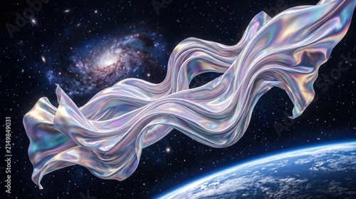 Futuristic iridescent ribbon floating gracefully in deep space above Earth with galaxy nebula stars background abstract 3D rendering