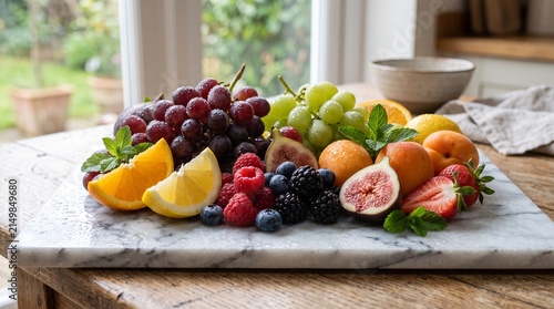 Fresh Assorted Fruit Platter on Marble Board with Grapes, Berries, and Citrus for Healthy Eating