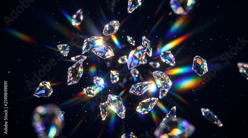 Floating shining diamonds with rainbow light refraction flares on a dark background
