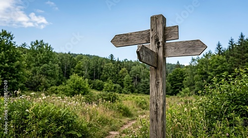 Old rustic wooden directional signpost standing in a lush green meadow with forest background in summer landscape signpost direction landscape