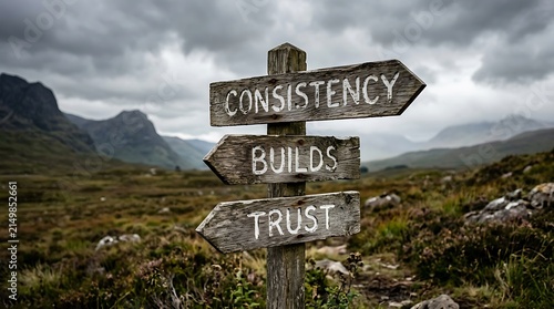 Consistency builds trust wooden signpost in dramatic scottish mountain landscape with consistency signpost business motivation strategy development