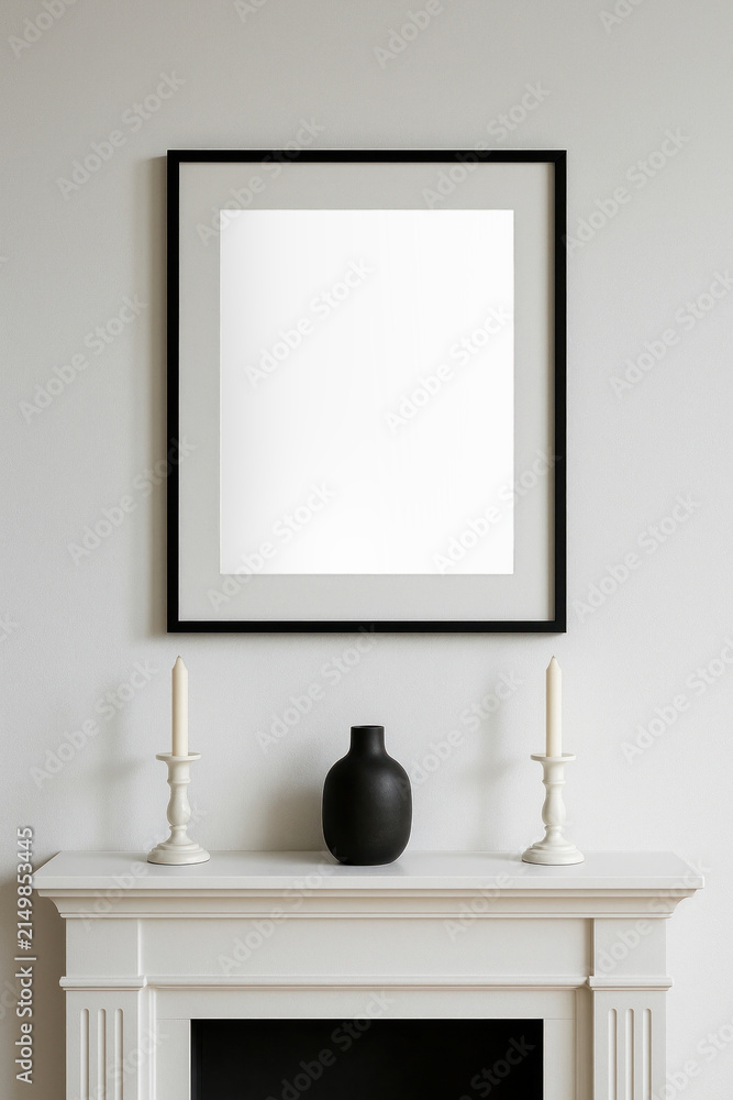 Obraz premium Editable framed poster transparent png mockup above elegant fireplace mantel