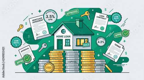 House model on coin stacks with home loan mortgage agreement documents and capital finance keys