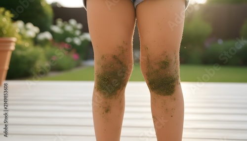 Close up of a young child with dirty knees covered in green grass stains outdoors in a backyard garden for childhood play and active outdoor lifestyle concept