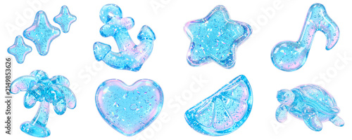 透明感のあるアクアブルーのぷっくり夏アイコンセット,水滴・気泡・キラキラ・いかり・星・音符・ヤシの木・ハート・柑橘・ウミガメ、サマーセール・マリン・Y2K・推し活デコ・デザイン素材,透過,3D風の水感キラキラパーツ