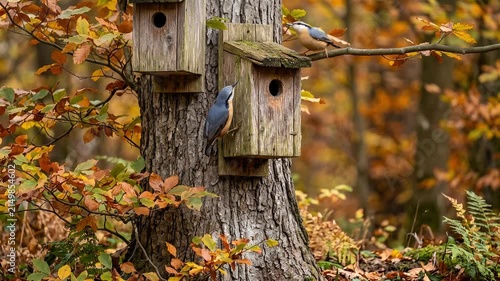 Two Nuthatches Perched on Rustic Wooden Birdhouses Attached to a Tree Trunk in an Autumn Forest