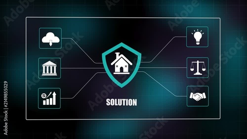 Real estate protection solution concept animation, smart home security icon network, property insurance and mortgage service banner, house safety background.