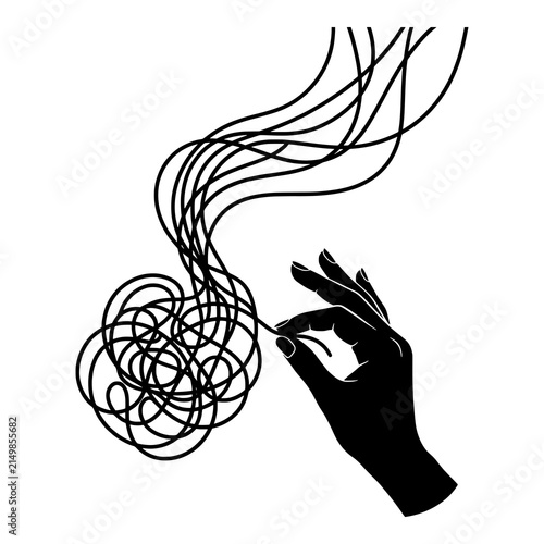 Untangling a knot with threads unraveling concept of problem solving process.