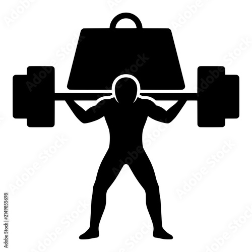 Weightlifter performs heavy barbell squat black silhouette fitness icon.