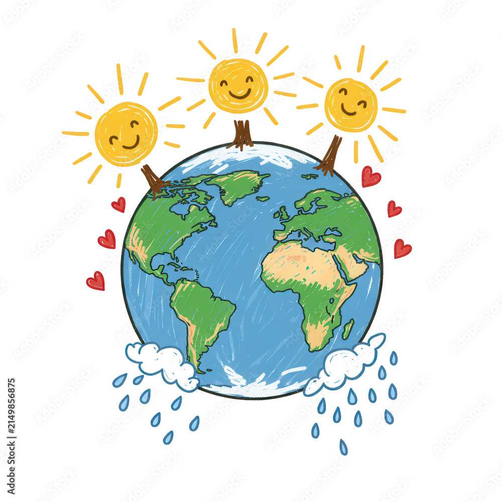 Naklejka premium Handdrawn illustration of earth with suns, clouds, and hearts isolated on transparent background