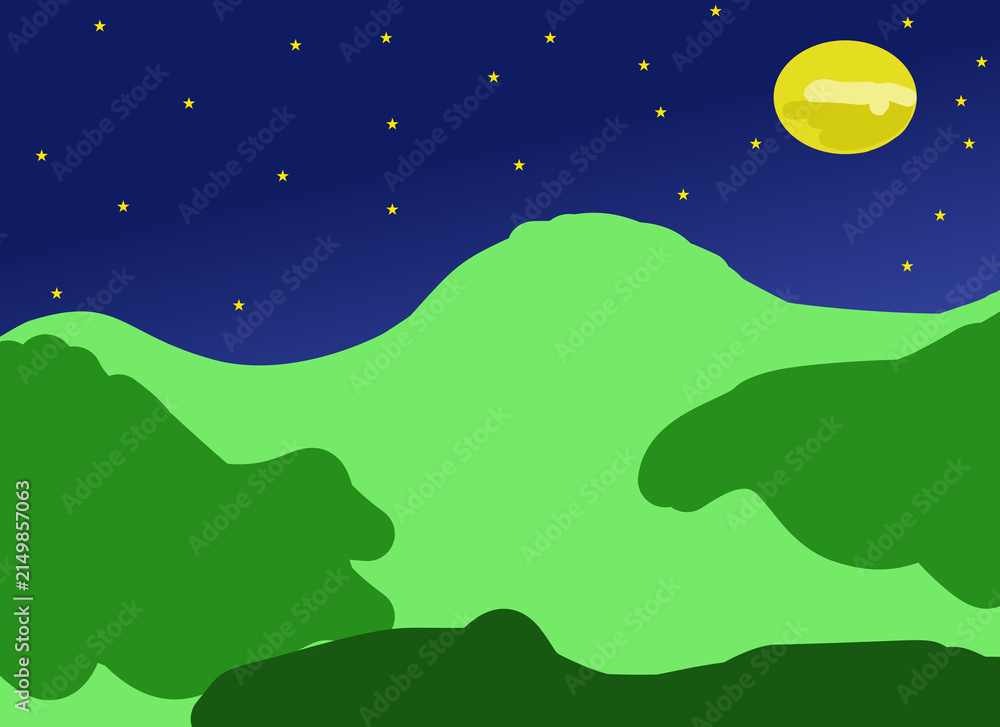 Fototapeta premium Colorful Green Hills, Starry Night Sky and Full Moon Landscape