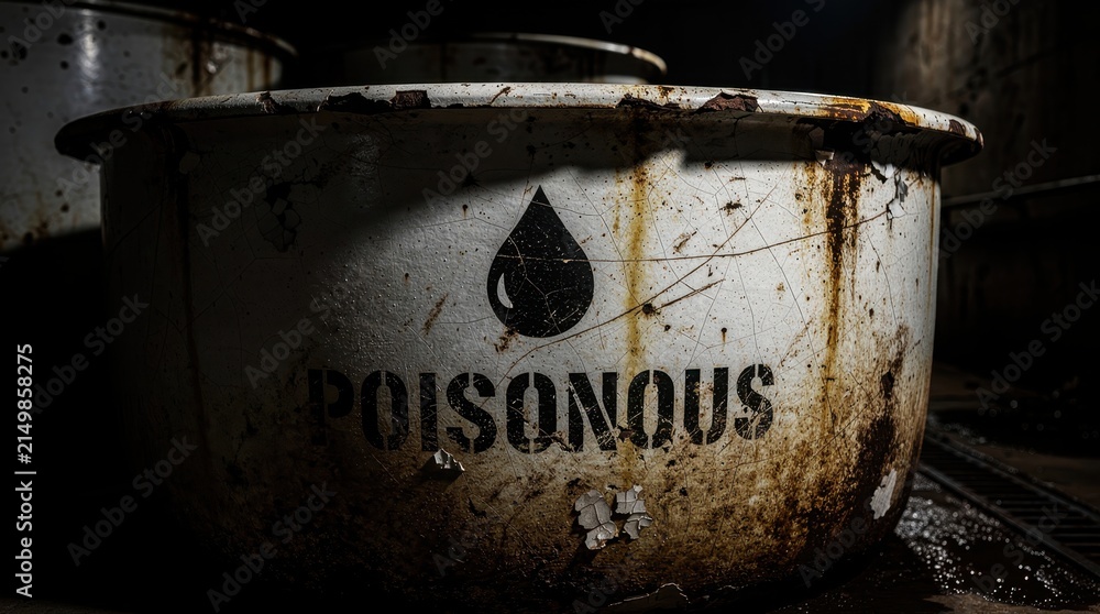 Fototapeta premium Rusty industrial barrel with poisonous label and drop icon. Aged container sits in a dark, grimy industrial setting. Hazardous waste disposal concept for environmental safety and chemical danger.