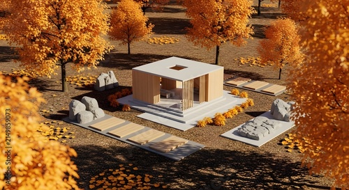Modern wooden house with courtyard at dusk.