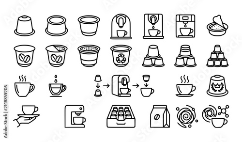 Modern Coffee Capsule Line Icons Collection with Espresso Pod Brewing Machine and Beverage Symbols