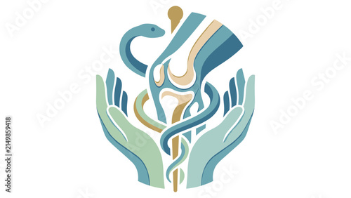 Cupula rod of asclepius snake wrapped around staff with healing hands vector logo