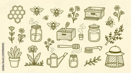 Hand-drawn beekeeping icons set featuring bees, hives, and honey jars. Rustic line art illustrations include flowers, honeycombs, and apiculture tools. Organic farm concept ideal for branding.