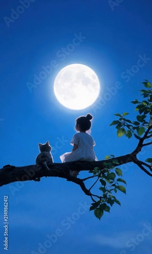 Full moon hanging in night sky, tree branch extending from lower right, girl and little cat back view sitting on branch, quiet warm composition