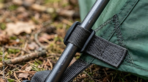 A close-up shot of a tent pole secured to green tent fabric with a black strap on the ground.