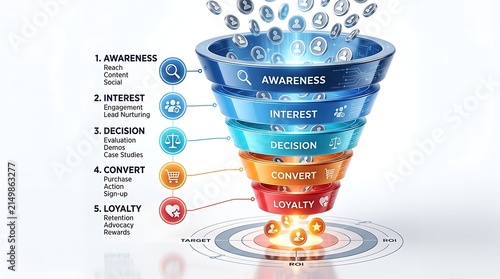 Digital Marketing Sales Funnel with Awareness Interest Decision Convert Loyalty Stages.