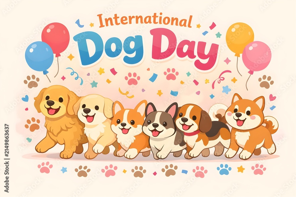Naklejka premium International Dog Day colorful illustrated poster with a cheerful group of different puppies and festive decorations