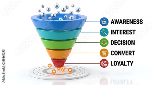 Marketing Funnel Stages - Awareness, Interest, Decision, Convert, Loyalty.