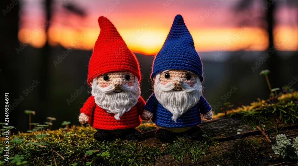 Fototapeta premium Two crocheted gnomes standing on a mossy log during a forest sunset. Amigurumi figures with red and blue pointed hats and white beards. Ideal for handmade craft marketing and cozy seasonal decor.