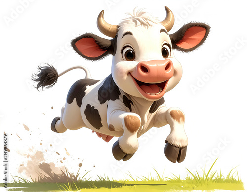 Cute cartoon cow jumping happily in the air, joyful expression, playful pose, colorful kawaii style, isolated on pure white.