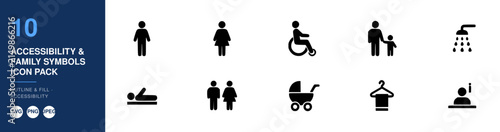 Icon Pack Featuring Accessibility and Family Symbols for Inclusive Design, Disability Awareness and Universal Access Concept