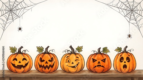 Five cute handdrawn halloween pumpkins on a wooden shelf